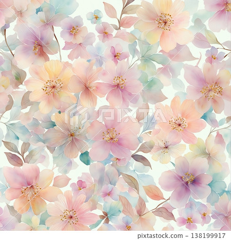 watercolor painting of leaf and flowers pattern 138199917