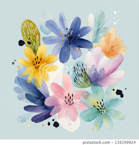 watercolor painting of leaf and flowers pattern 138199924