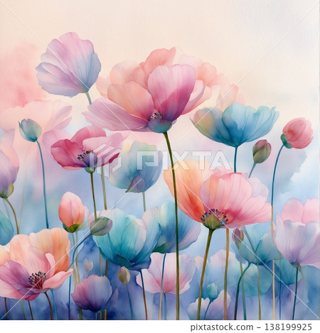 watercolor painting of leaf and flowers pattern 138199925