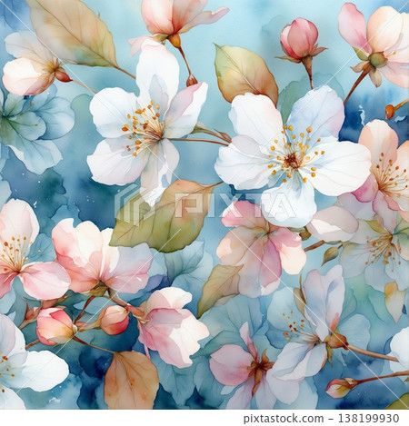 watercolor painting of leaf and flowers pattern 138199930