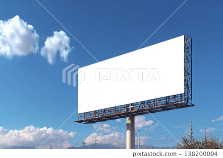 Landscape view of blank billboard mock up against blue sky background. Marketing and promotion outdoor concept Landscape view of blank billboard mock up against blue sky background. Marketing and promotion outdoor concept 138200004