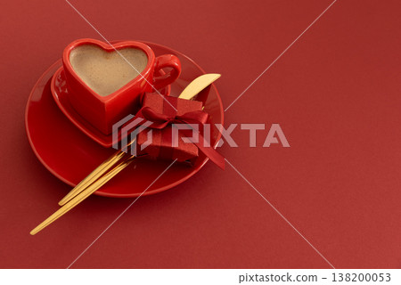 Heart Shaped Coffee Cup with Gift Box on Red Background Heart Shaped Coffee Cup with Gift Box on Red Background 138200053