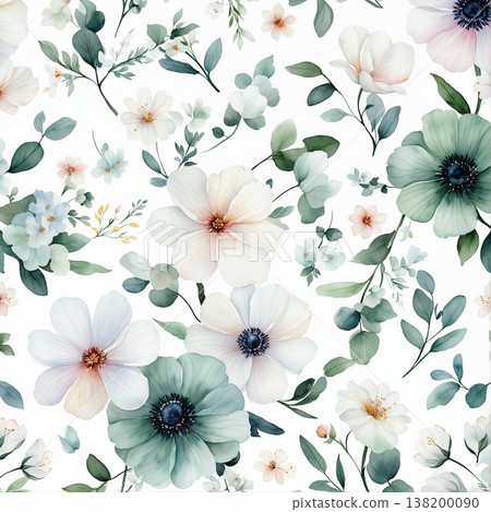 watercolor painting of leaf and flowers pattern watercolor painting of leaf and flowers pattern 138200090