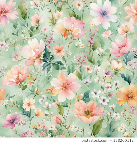 watercolor painting of leaf and flowers pattern 138200112