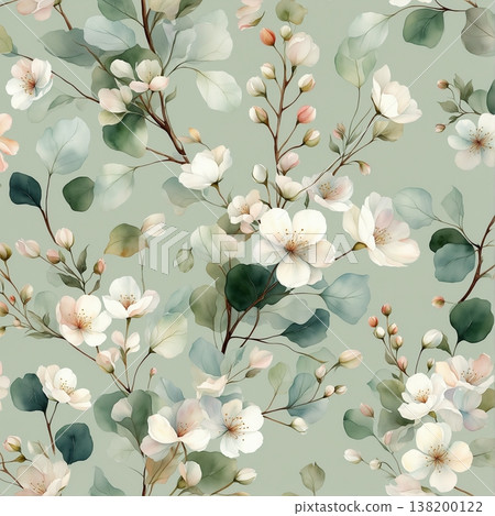 watercolor painting of leaf and flowers pattern watercolor painting of leaf and flowers pattern 138200122
