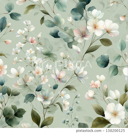 watercolor painting of leaf and flowers pattern watercolor painting of leaf and flowers pattern 138200125