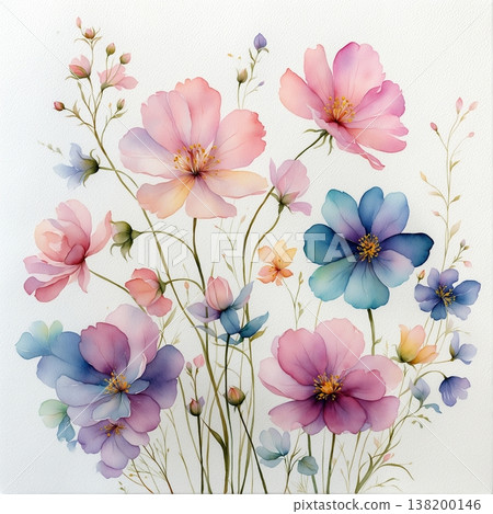 watercolor painting of leaf and flowers pattern 138200146