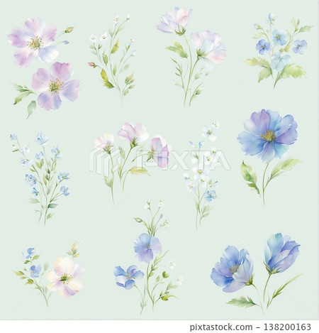 watercolor painting of leaf and flowers pattern 138200163