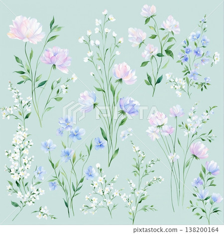 watercolor painting of leaf and flowers pattern 138200164