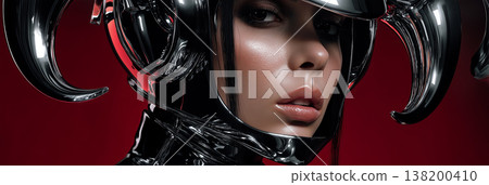 Futuristic High Fashion Portrait of Woman Wearing Chrome Helmet with Metallic Devil Horns - Generative Ai 138200410