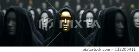Golden Mask Standing Out in a Masked Crowd - Concept of Individuality and Thinking Outside The Box - Generative Ai 138200411