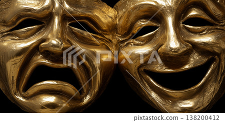 Golden Tragedy and Comedy Theater Masks Isolated on Black Background - Generative Ai 138200412