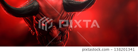 Portrait of A Hyper-Realistic 3D Rendering of a Red and Black Devil Head with Glowing Red Eyes - Generative Ai 138201341