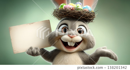 Portrait of an Adorable Cartoon Easter Bunny with a Bird-Nest Hat Holding a Blank White Sign - Generative Ai 138201342
