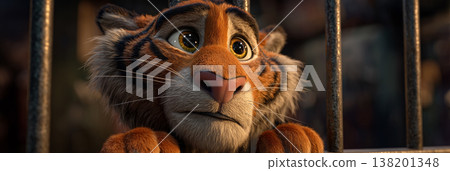 Portrait of a Rebellious Cartoon Tiger Behind Zoo Bars Symbolizing Animal Rights and Freedom - Generative Ai 138201348
