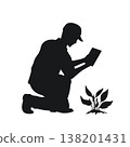Silhouette of an agronomist with a tablet. Modern farming technologies. A man shape inspecting plants in a field. Vector illustration 138201431