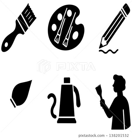 Artistic tools including paintbrushes palette and pencil in creative artist silhouette icons Artistic tools including paintbrushes palette and pencil in creative artist silhouette icons 138201532