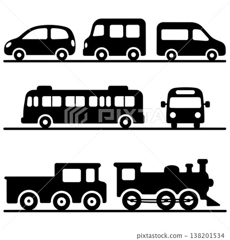 Automotive transportation silhouette set featuring various cars buses and steam locomotive trains Automotive transportation silhouette set featuring various cars buses and steam locomotive trains 138201534