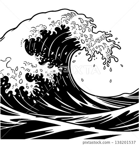 Black and white illustration of large ocean wave crashing with spray and foam Black and white illustration of large ocean wave crashing with spray and foam 138201537