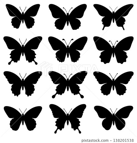 Black butterfly silhouettes collection featuring various wing shapes and symmetrical designs set on 138201538