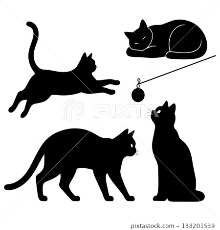 Black cat silhouette collection showing domestic feline pets in different poses and play actions Black cat silhouette collection showing domestic feline pets in different poses and play actions 138201539