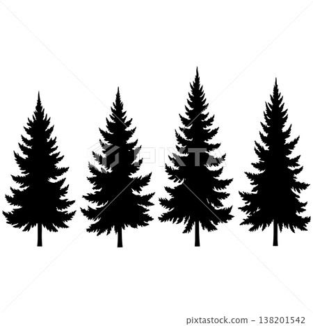Black pine tree silhouettes on white background minimalist forest landscape set nature illustration 138201542