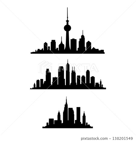 City skyline silhouette horizontal banners set displaying diverse urban architecture and tall towers 138201549