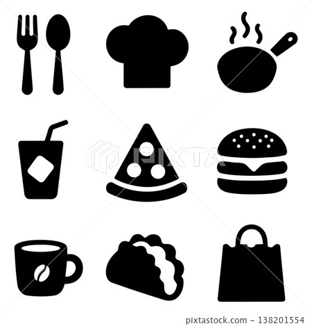 Collection of black silhouette food and drink icons against a clean white background Collection of black silhouette food and drink icons against a clean white background 138201554