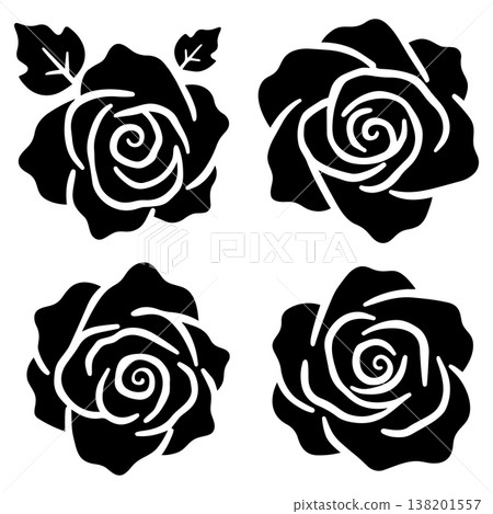 Collection of elegant black rose flower designs with delicate petals and some with leaves Collection of elegant black rose flower designs with delicate petals and some with leaves 138201557