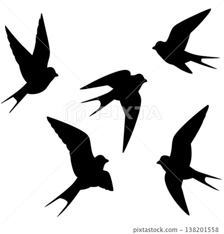 Collection of flying swallow birds silhouettes, small birds with pointed wings and forked tails Collection of flying swallow birds silhouettes, small birds with pointed wings and forked tails 138201558