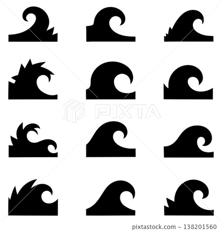 Collection of ocean wave silhouettes in different shapes and styles for coastal and nautical designs 138201560