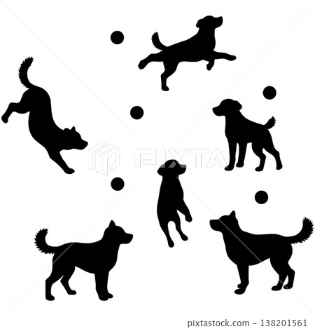 Collection of playful dog silhouettes running jumping and playing with balls Collection of playful dog silhouettes running jumping and playing with balls 138201561