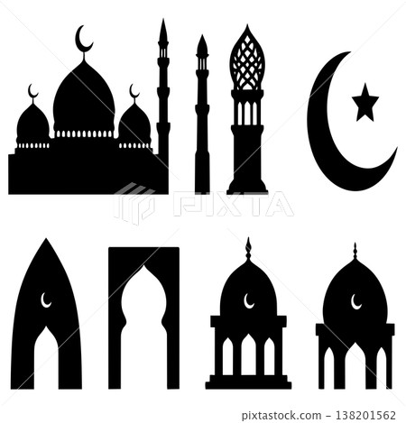 Collection of traditional islamic symbols and mosque silhouettes against a white background Collection of traditional islamic symbols and mosque silhouettes against a white background 138201562