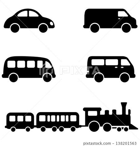 Collection of various black silhouette vehicles including car van bus and train on white background Collection of various black silhouette vehicles including car van bus and train on white background 138201563