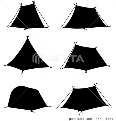 Collection of various tent silhouettes, essential gear for camping and outdoor activities Collection of various tent silhouettes, essential gear for camping and outdoor activities 138201564