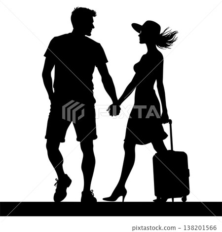 Couple holding hands walking with suitcase silhouette couple on vacation travel concept Couple holding hands walking with suitcase silhouette couple on vacation travel concept 138201566