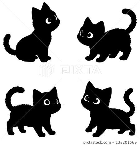 Cute black kittens silhouettes playing and sitting isolated on white background minimal design 138201569