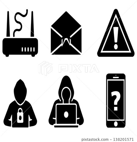 Cybersecurity icons depicting hacking and network security threats on a white background 138201571