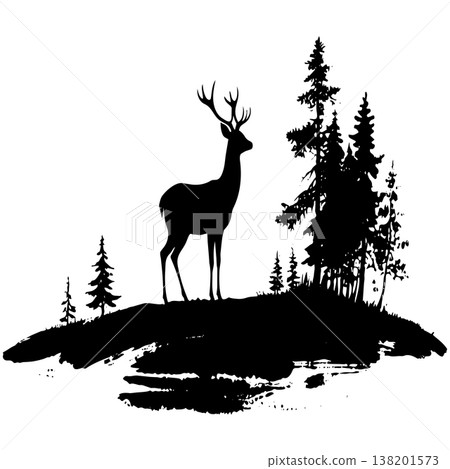 Deer in forest silhouette with pine trees landscape design element nature scene Deer in forest silhouette with pine trees landscape design element nature scene 138201573