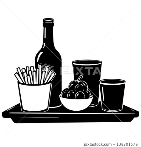 Drink and snack tray with a bottle, glasses, fries, and fruit vector illustration 138201579