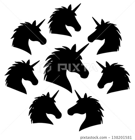 Eight majestic unicorn head silhouettes arranged in circular pattern fantasy creature art 138201581