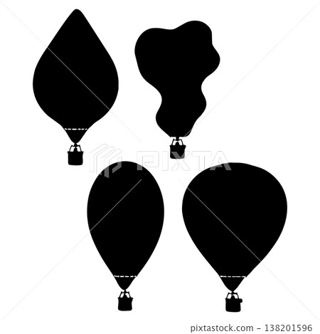 Four different black hot air balloon silhouettes floating on clear white background in a row 138201596
