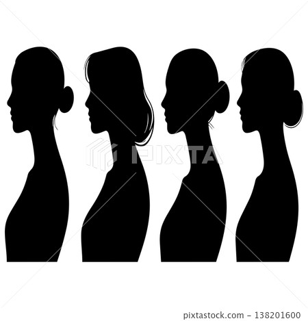 Four female profile silhouettes with different hairstyles and buns on a white background 138201600