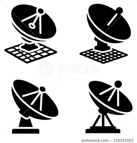 Four satellite dish icons on white background for communication and technology Four satellite dish icons on white background for communication and technology 138201601