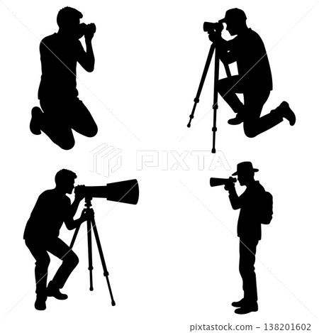 Four silhouettes of photographers holding cameras with tripods and long lenses against white background Four silhouettes of photographers holding cameras with tripods and long lenses against white background 138201602
