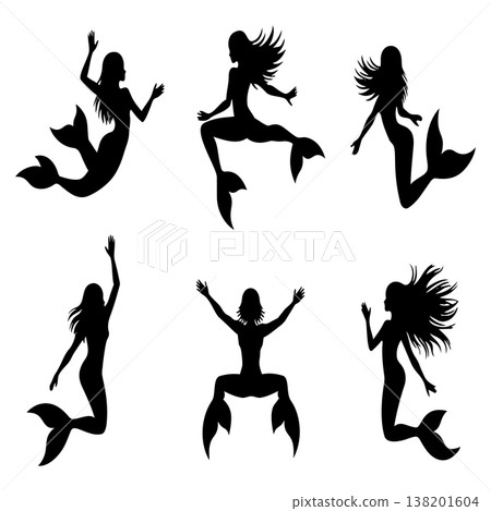 Graceful mermaid silhouettes swimming and posing in mythical underwater scenes for fantasy designs 138201604