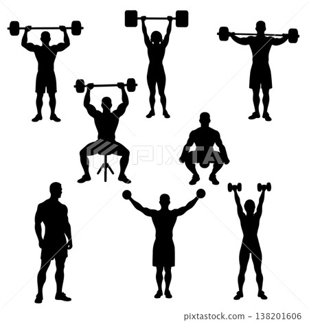 Group of black silhouette people lifting weights and exercising against a white background Group of black silhouette people lifting weights and exercising against a white background 138201606