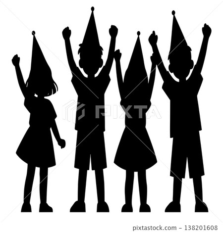 Happy children in party hats silhouettes celebrating kids raising hands up isolated on white 138201608