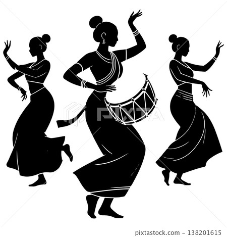 Indian dancers silhouette performing with drum traditional dance cultural celebration Indian dancers silhouette performing with drum traditional dance cultural celebration 138201615