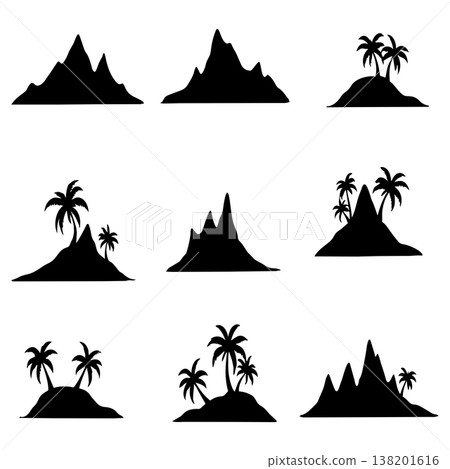 Island silhouettes palm trees mountains Island silhouettes palm trees mountains 138201616